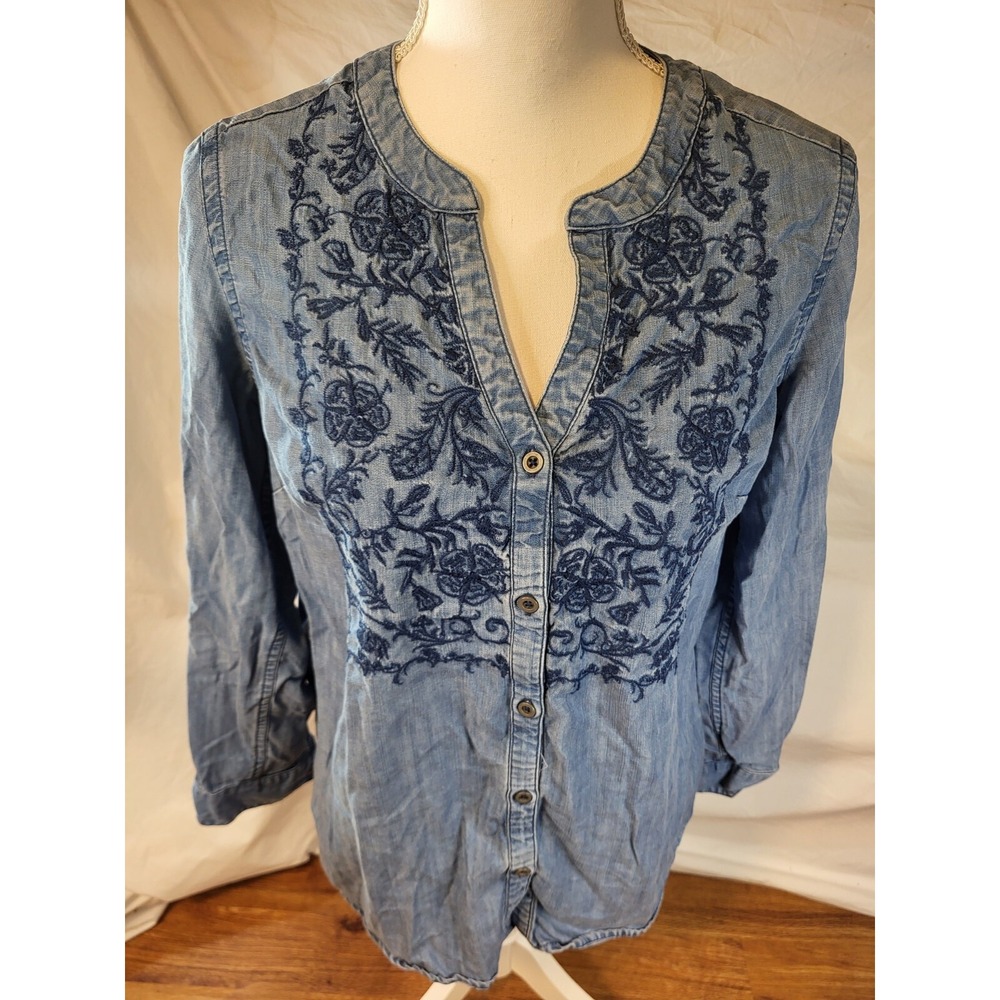 Bob Timberlake Denim Button up Tunic Embroidered Chambray Blue Size S